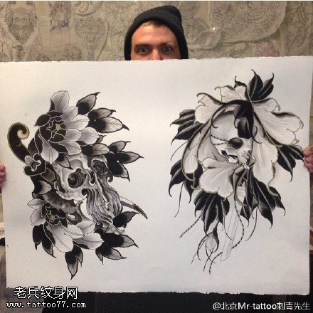 手稿花卉骷髅纹身图案
