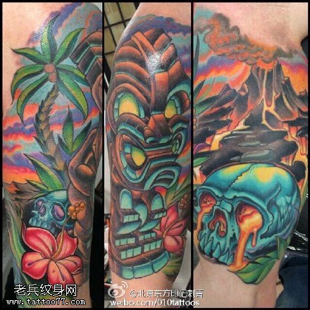 小腿彩绘骷髅风景图腾纹身图案