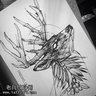 经典手稿线条鹿纹身图案