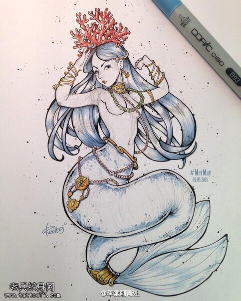 手稿精美的美人鱼纹身图案