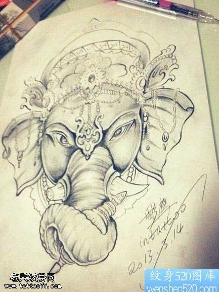 手稿象神纹身图案
