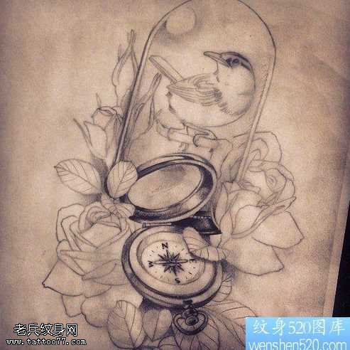 手稿个性指南针纹身图案