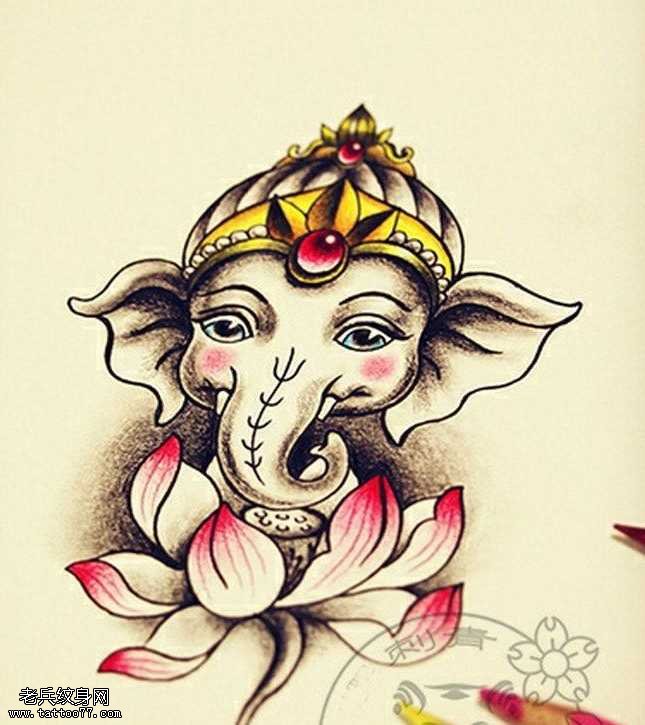 象神莲花纹身图案