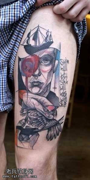 腿部超酷人物头像纹身图案