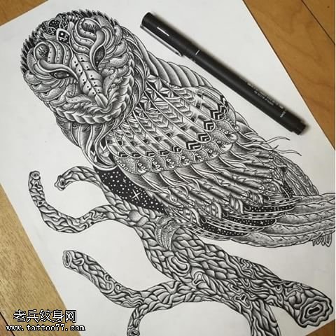 手稿猫头鹰图腾纹身图案