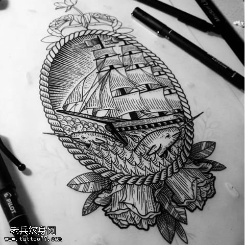 手稿线条帆船纹身图案