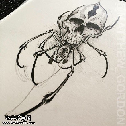 手稿素描骷髅蜘蛛纹身图案