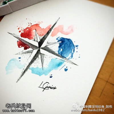 水墨风指南针纹身图案
