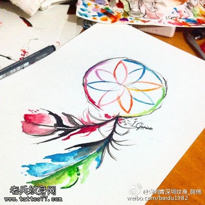 手稿水彩捕梦网纹身图案