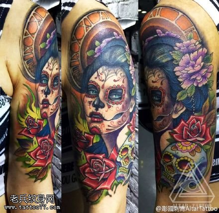 经典艺妓骷髅纹身图案