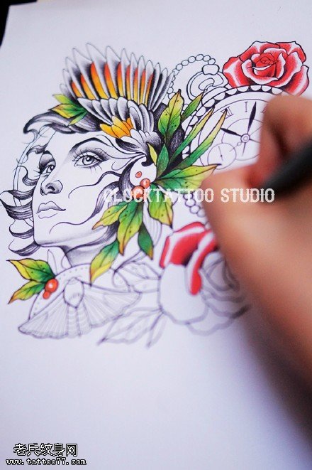 手稿彩绘花旦纹身图案