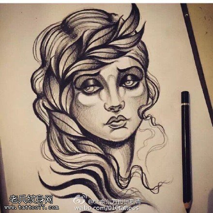 时尚素描美女纹身图案
