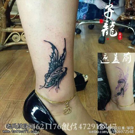 脚腕上的蝴蝶精灵纹身图案