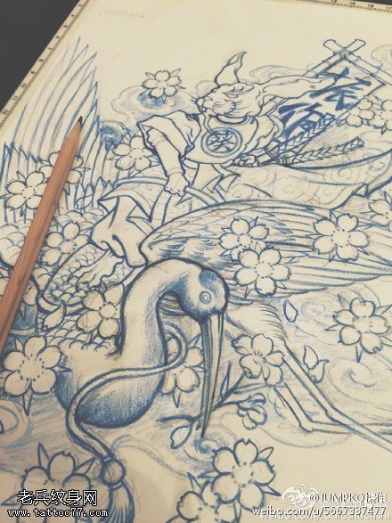 手稿兔子仙鹤纹身图案