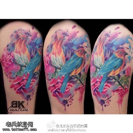 肩部水彩的小鸟纹身图案