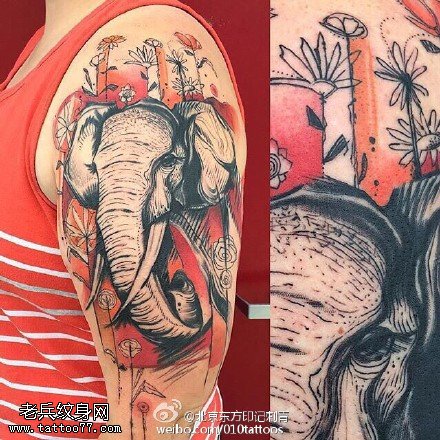 肩部水彩大像纹身图案