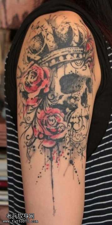胳膊骷髅玫瑰花纹身图案