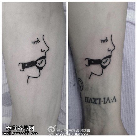 小腿点刺的美女口红纹身图案