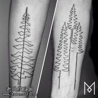 胳膊上点刺的松树纹身图案