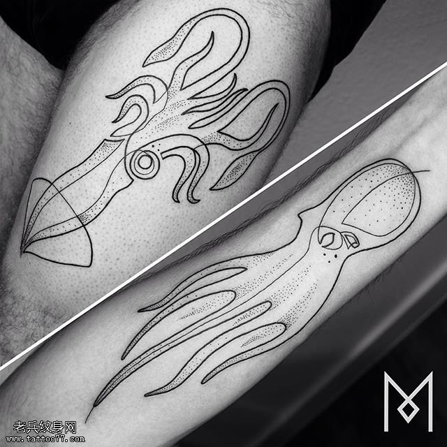 小腿点刺的章鱼纹身图案