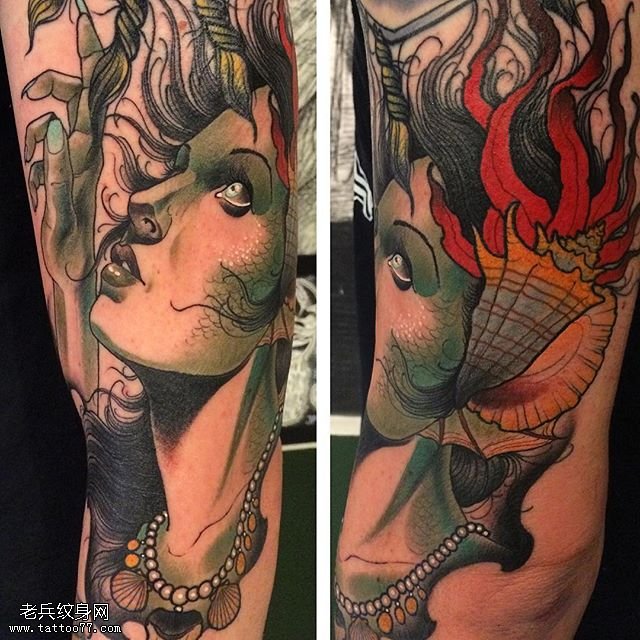 胳膊上长发魔女纹身图案