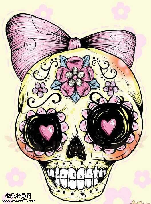 小清新骷髅头姑娘纹身图案