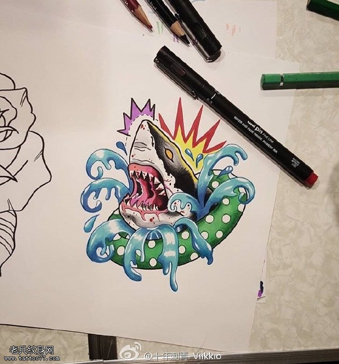 手稿彩绘鲨鱼纹身图案