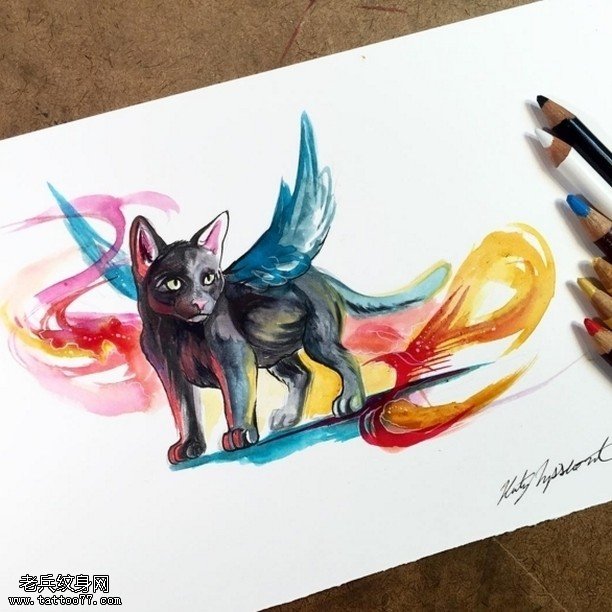 手稿水彩的飞猫纹身图案