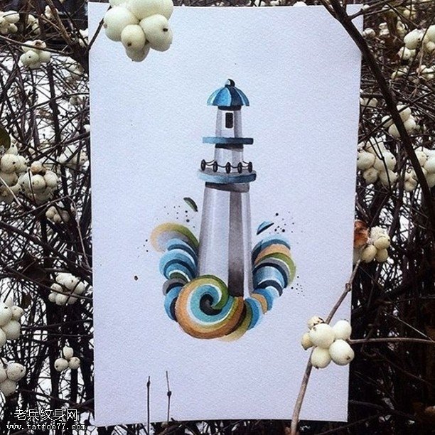 手稿彩色的灯塔纹身图案