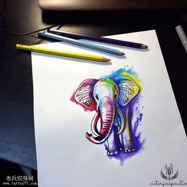 手稿水彩一只小象纹身图案