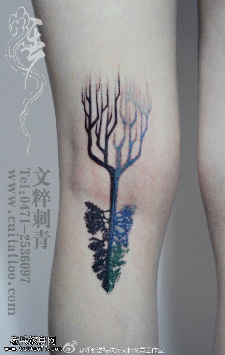 腿上的老树纹身图案