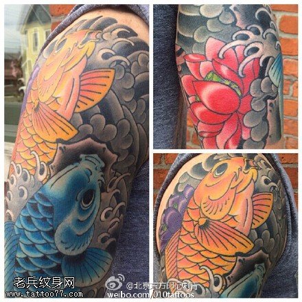 肩膀两条锦鲤纹身图案