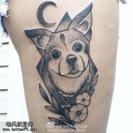 大腿带刺的小狗狗纹身图案