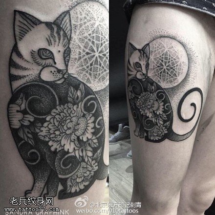 肩膀经典的菊花猫纹身图案