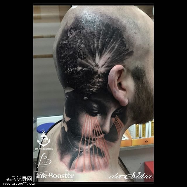 头部的写实风景纹身图案