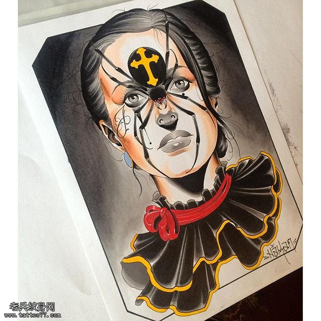 手稿彩绘蜘蛛面纹身图案