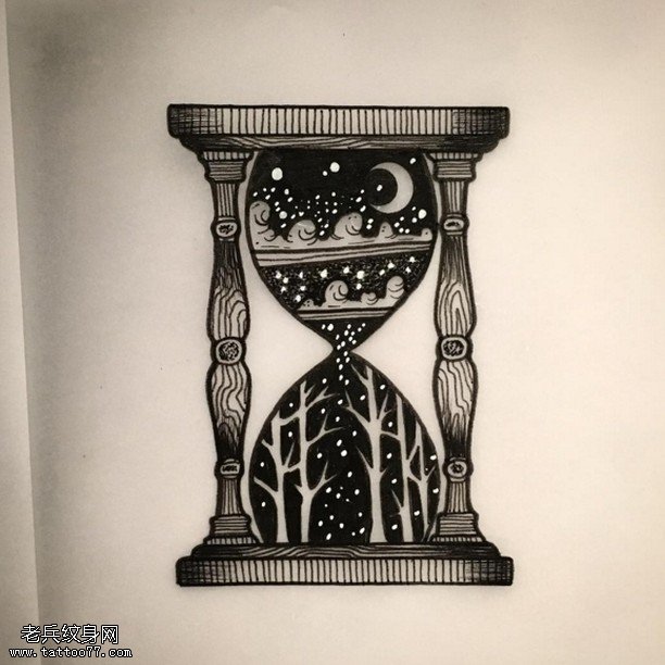 手稿的星空沙漏纹身图案