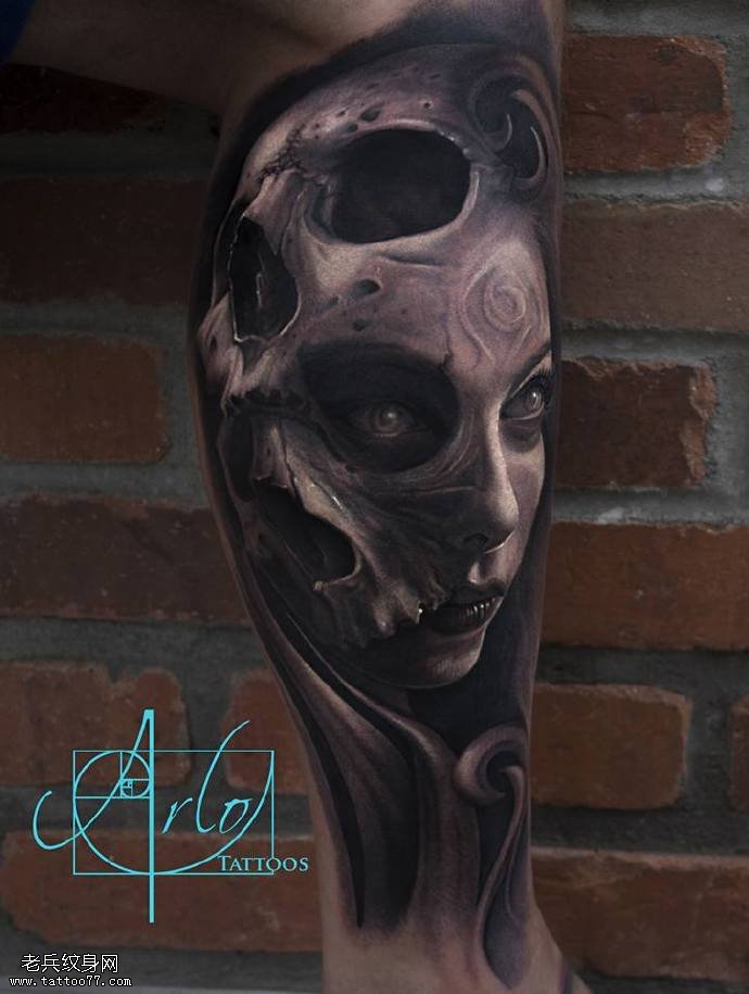 小腿的骷髅脸纹身图案