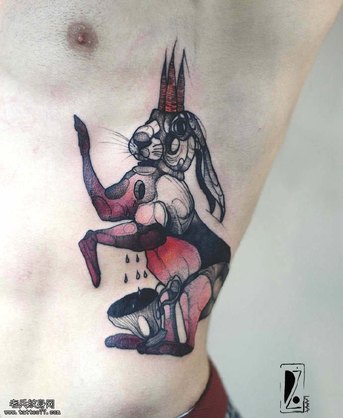 腹部经典水墨小兔子纹身图案