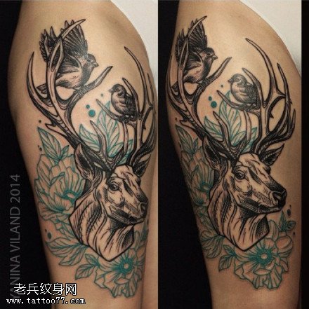 肩部鹿角花卉纹身图案