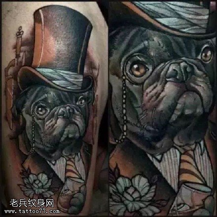 肩部礼帽狗狗纹身图案