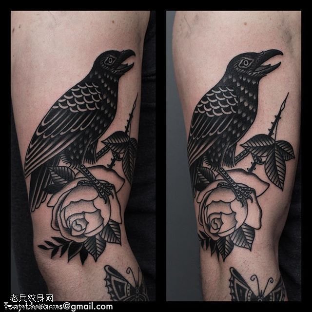 小腿点刺的乌鸦纹身图案