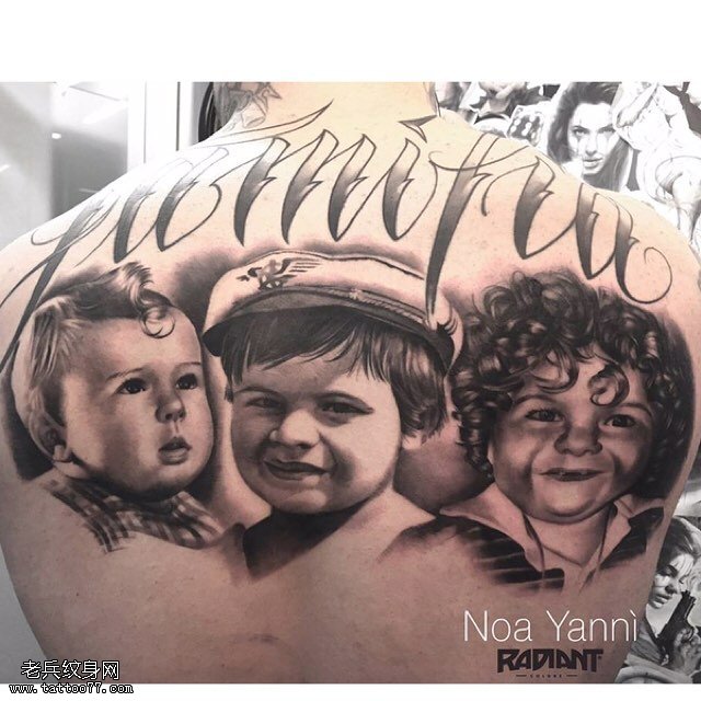 背部三个可爱的宝贝纹身图案