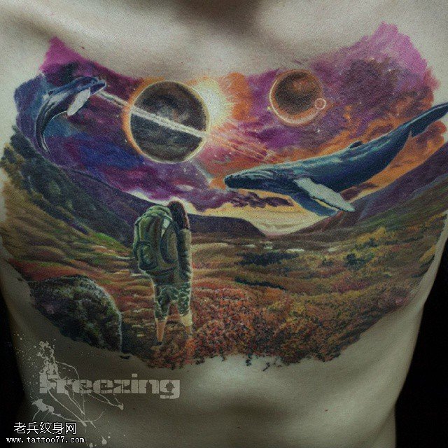 胸口的海底世界纹身图案
