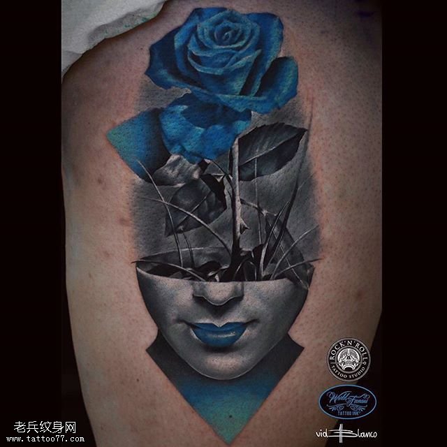 大腿抽象玫瑰纹身图案