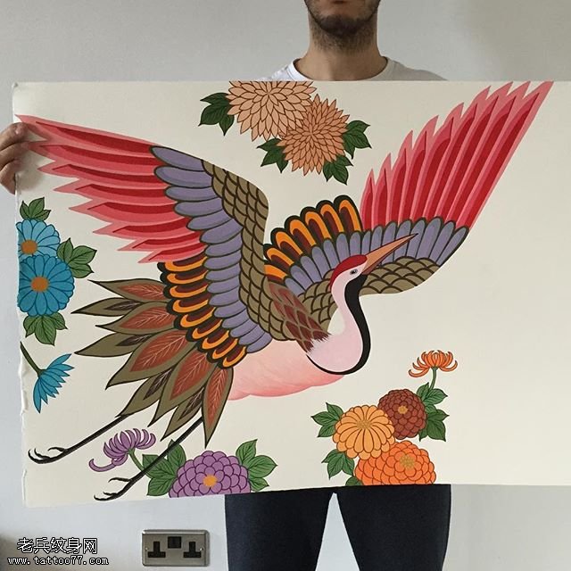 手稿一副仙鹤纹身图案