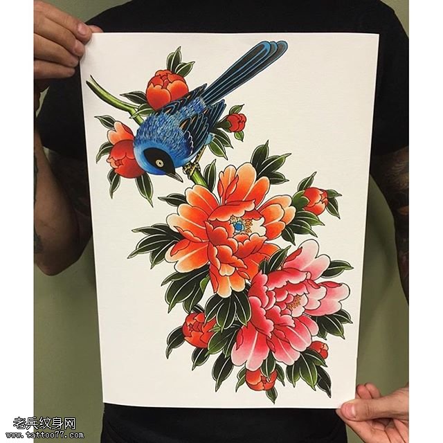 手稿一副经典牡丹纹身图案