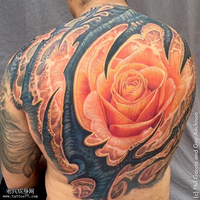背部火红的玫瑰纹身图案
