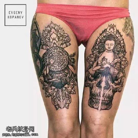 大腿上的骷髅佛图腾纹身图案