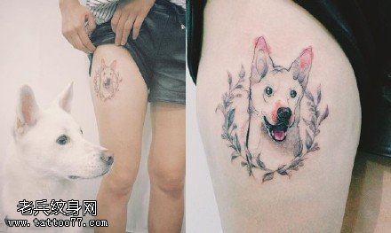 大腿上可爱的狗狗纹身图案